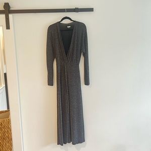 Reformation S long sleeve deep V dress w/ center slit Black w/ silver stitching